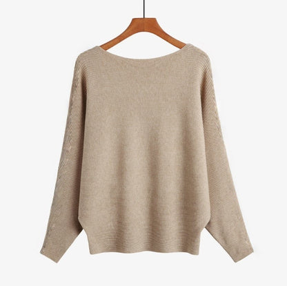 Off-the-shoulder batwing sleeve pullover ribbed loose sweater