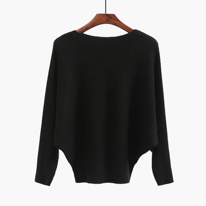 Off-the-shoulder batwing sleeve pullover ribbed loose sweater