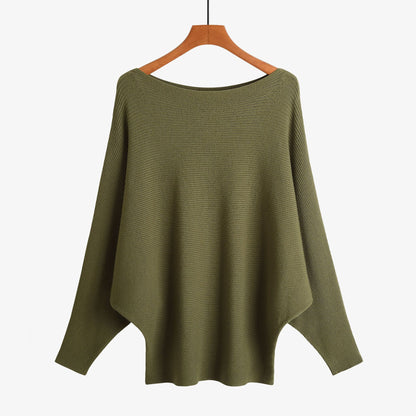 Off-the-shoulder batwing sleeve pullover ribbed loose sweater