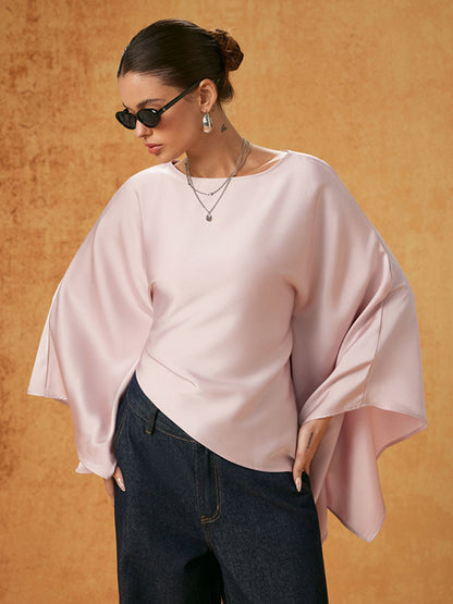 Satin Boat Neck Bell Sleeve Asymmetrical Blouse