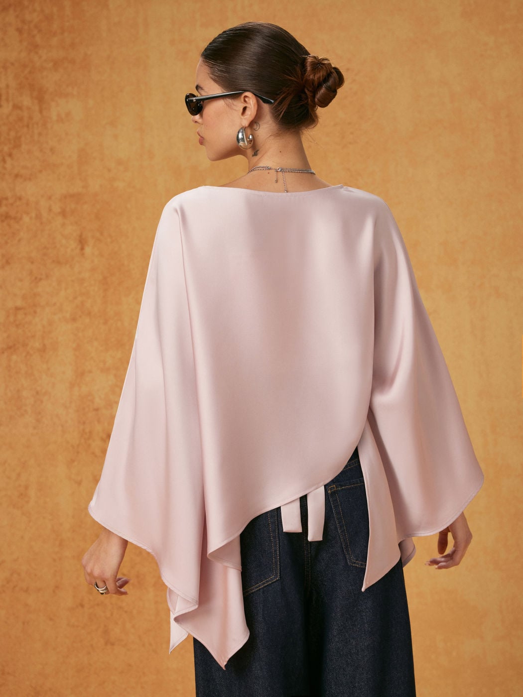 Satin Boat Neck Bell Sleeve Asymmetrical Blouse