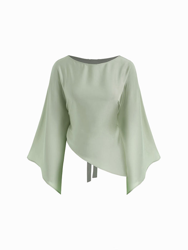 Satin Boat Neck Bell Sleeve Asymmetrical Blouse