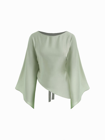 Satin Boat Neck Bell Sleeve Asymmetrical Blouse