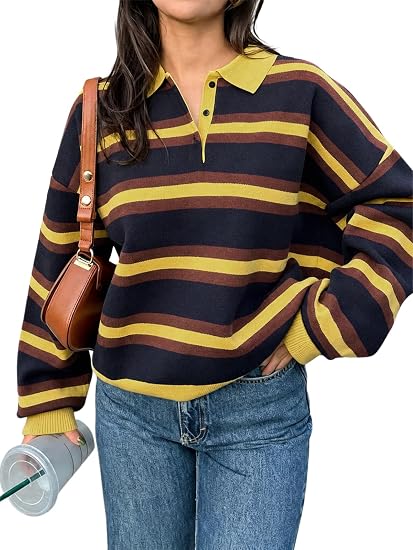 Women's Striped Polo Shirt Casual Pullover Knit Sweater