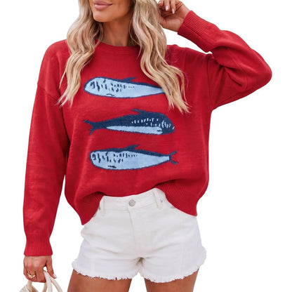 Women's Animal Print Lightweight Knit Crew Neck Long Sleeve Pullover Top for Autumn Casual Trend
