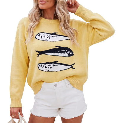 Women's Animal Print Lightweight Knit Crew Neck Long Sleeve Pullover Top for Autumn Casual Trend