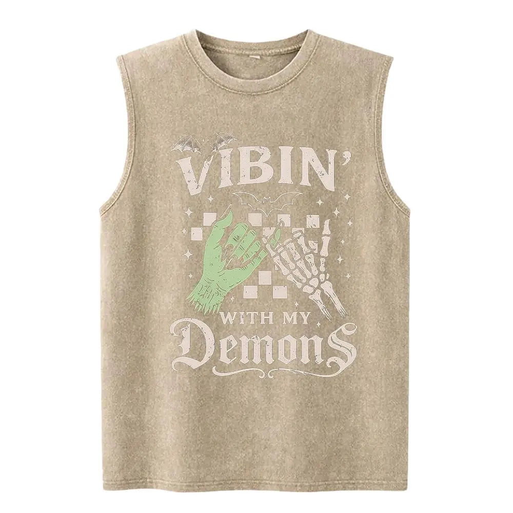 Vibin' With My Demons Washed Vest Unisex Washed Vest Cute Halloween Washed Vest Funny Washed Vest Gothic Spooky Vibes
