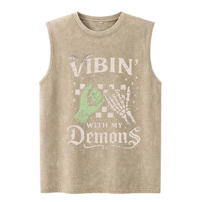 Vibin' With My Demons Washed Vest Unisex Washed Vest Cute Halloween Washed Vest Funny Washed Vest Gothic Spooky Vibes