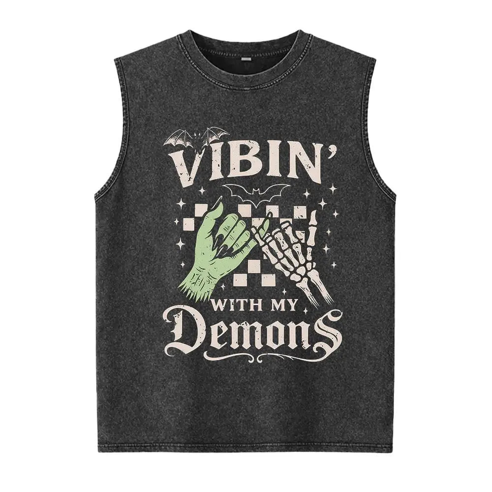 Vibin' With My Demons Washed Vest Unisex Washed Vest Cute Halloween Washed Vest Funny Washed Vest Gothic Spooky Vibes