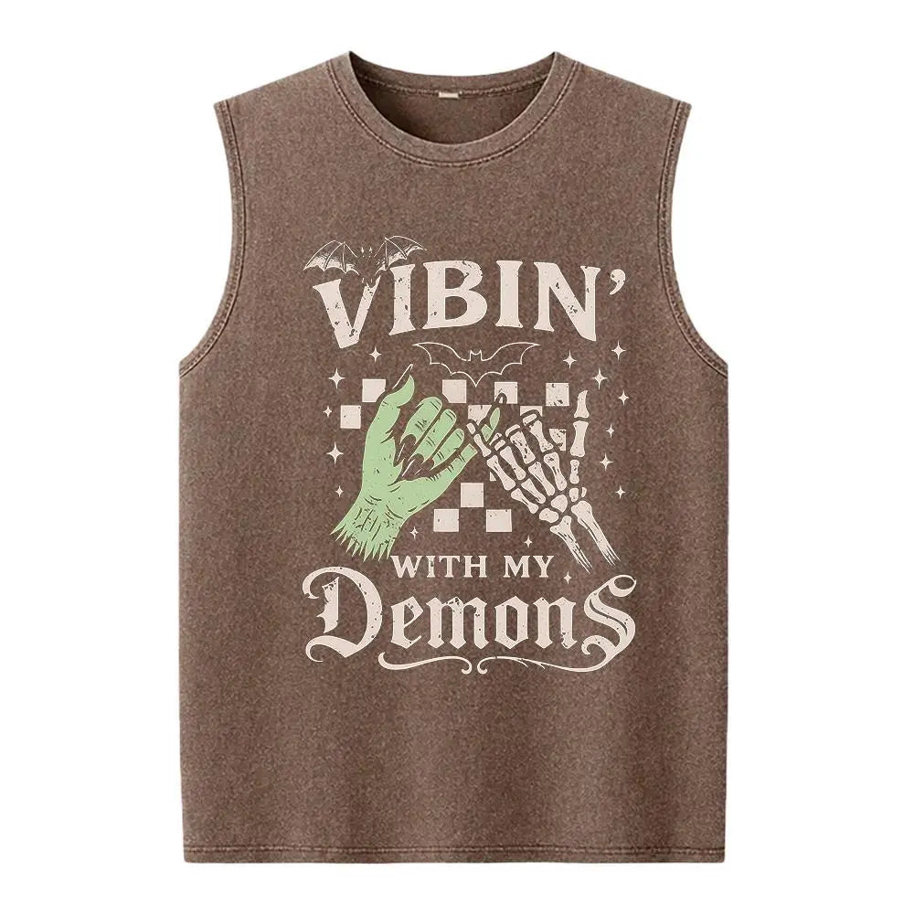 Vibin' With My Demons Washed Vest Unisex Washed Vest Cute Halloween Washed Vest Funny Washed Vest Gothic Spooky Vibes