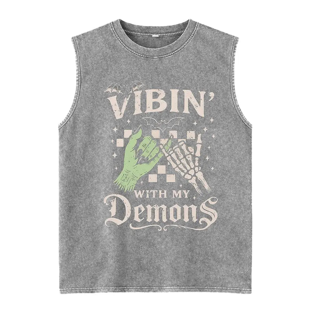 Vibin' With My Demons Washed Vest Unisex Washed Vest Cute Halloween Washed Vest Funny Washed Vest Gothic Spooky Vibes