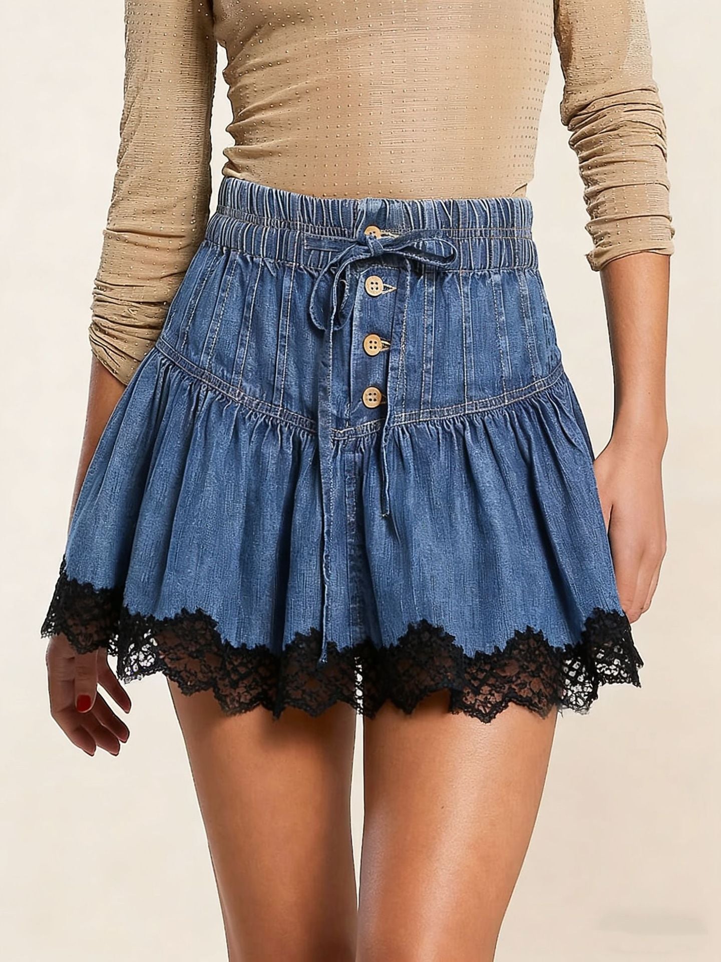 Women's Denim Lace Drawstring Mini Skirt with Built-in Shorts