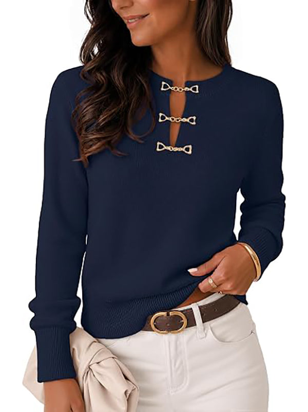 Women's Autumn Lightweight Casual Horsebit Collar Sweater