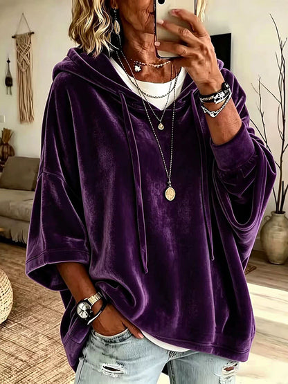 Women's Autumn/Winter Solid Color Casual Velvet Drawstring Hooded Sweatshirt