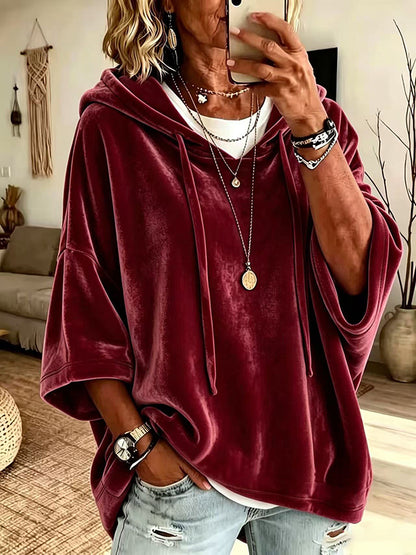 Women's Autumn/Winter Solid Color Casual Velvet Drawstring Hooded Sweatshirt