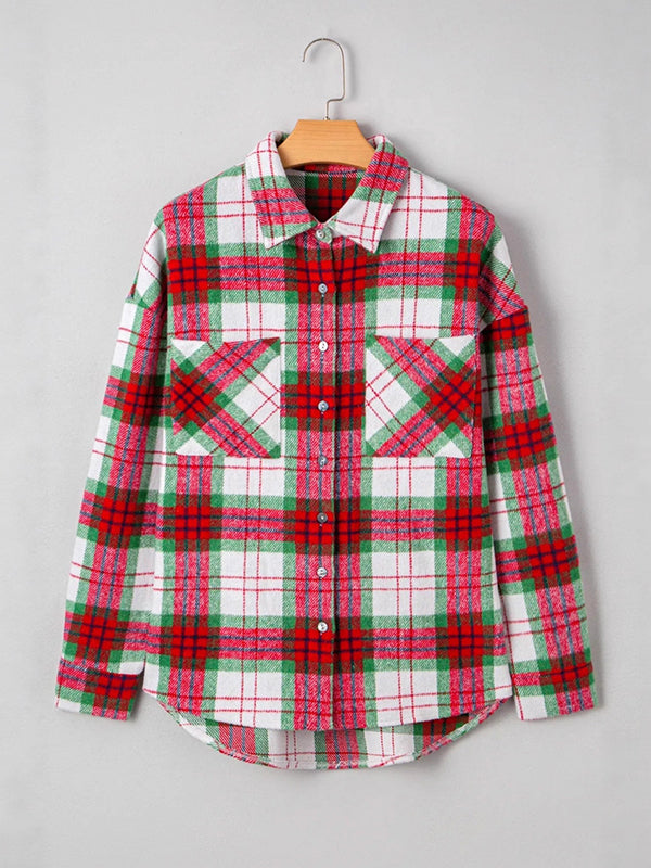 Women's Christmas plaid flannel shirt jacket with pockets