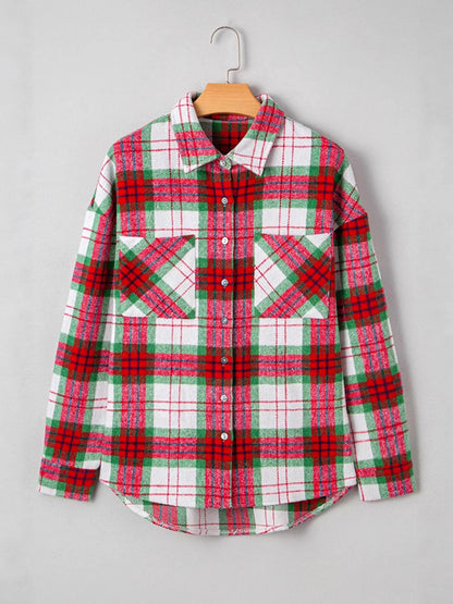 Women's Christmas plaid flannel shirt jacket with pockets