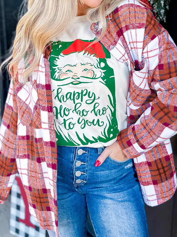 Women's Christmas plaid flannel shirt jacket with pockets