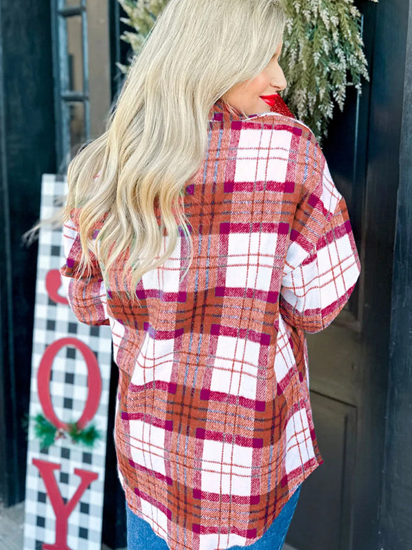 Women's Christmas plaid flannel shirt jacket with pockets