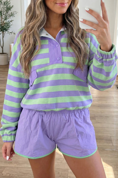Striped half-button long-sleeved top paired with shorts two-piece set