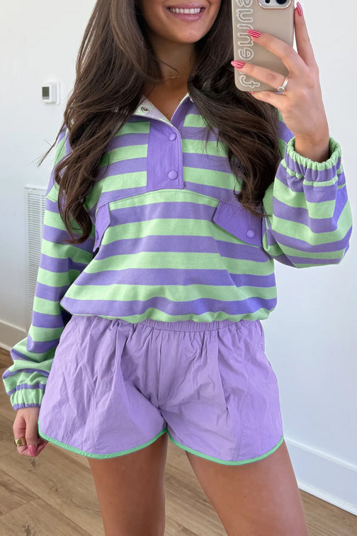 Striped half-button long-sleeved top paired with shorts two-piece set