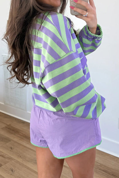 Striped half-button long-sleeved top paired with shorts two-piece set