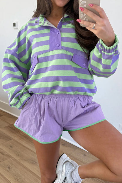 Striped half-button long-sleeved top paired with shorts two-piece set