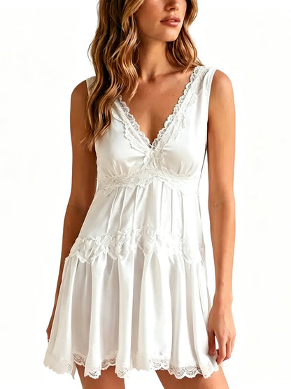 Women Deep V‑Neck Lace Sleeveless Ruffle Hem Dress