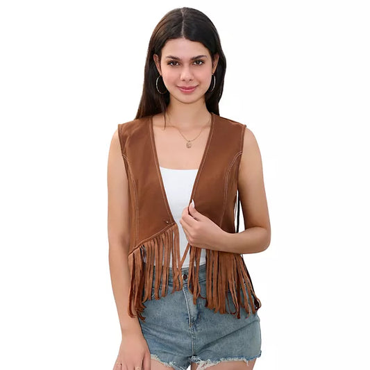 Women Western Fringe Vest Sleeveless V Neck Open Front Tassel Crop Jacket Vintage Cowgirl Casual Top