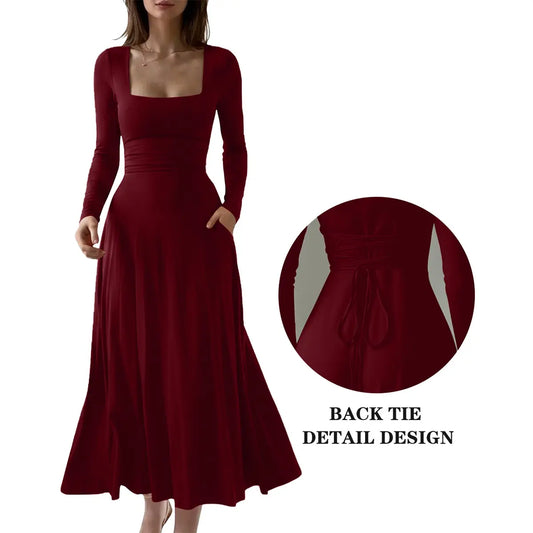 Women's Casual Long-Sleeved Square Neck A-Line Solid Color Back Tie Waist Slim Fit Long Dress with Pockets
