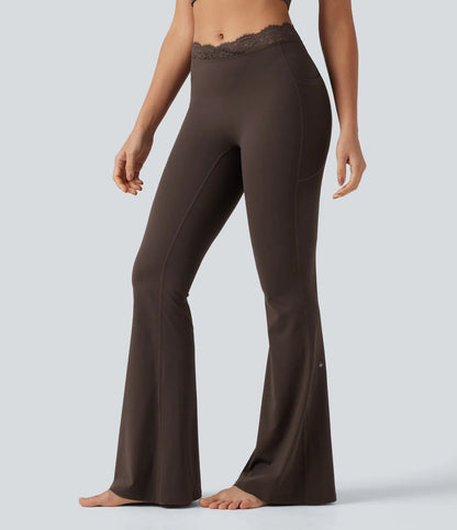 Women's lace V-waist flared yoga pants with side pockets