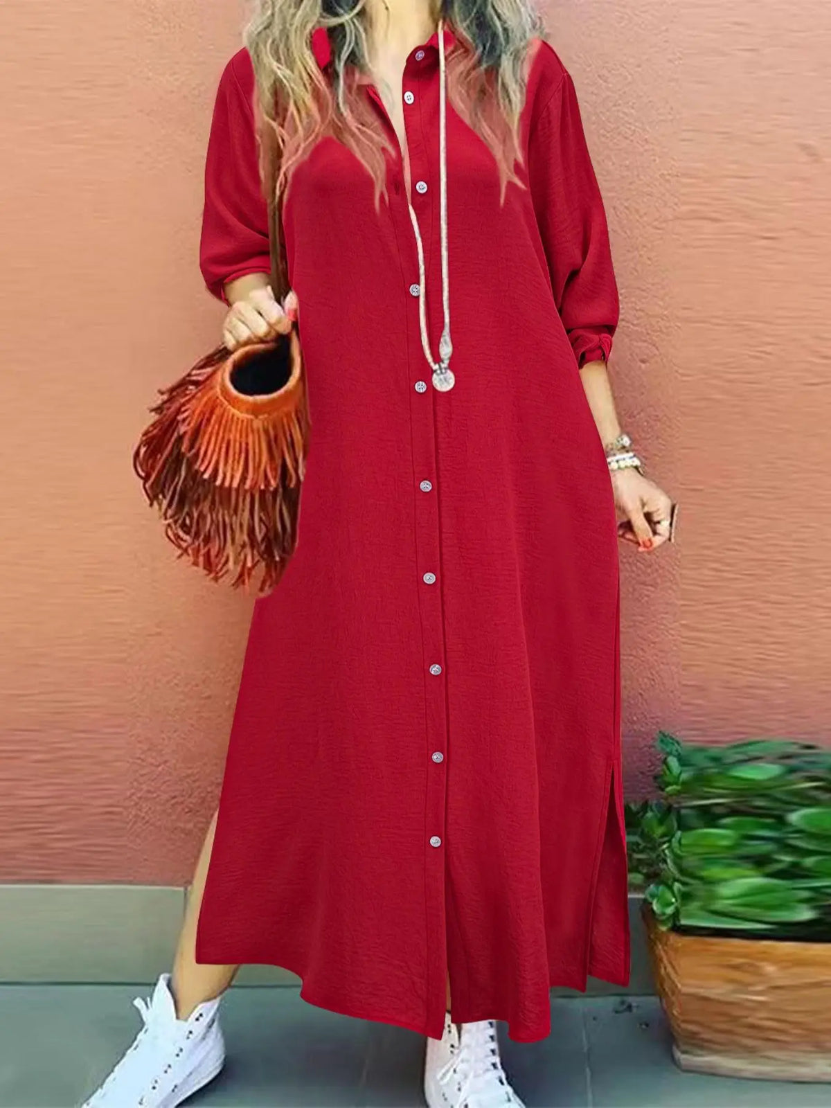 Women's Plain Button Collared Shirt Collar Long Sleeve Dress