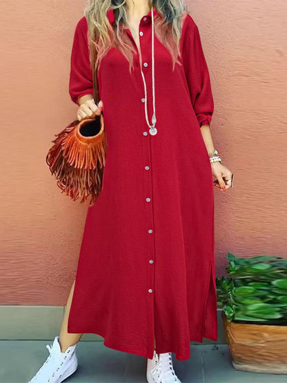 Women's Plain Button Collared Shirt Collar Long Sleeve Dress