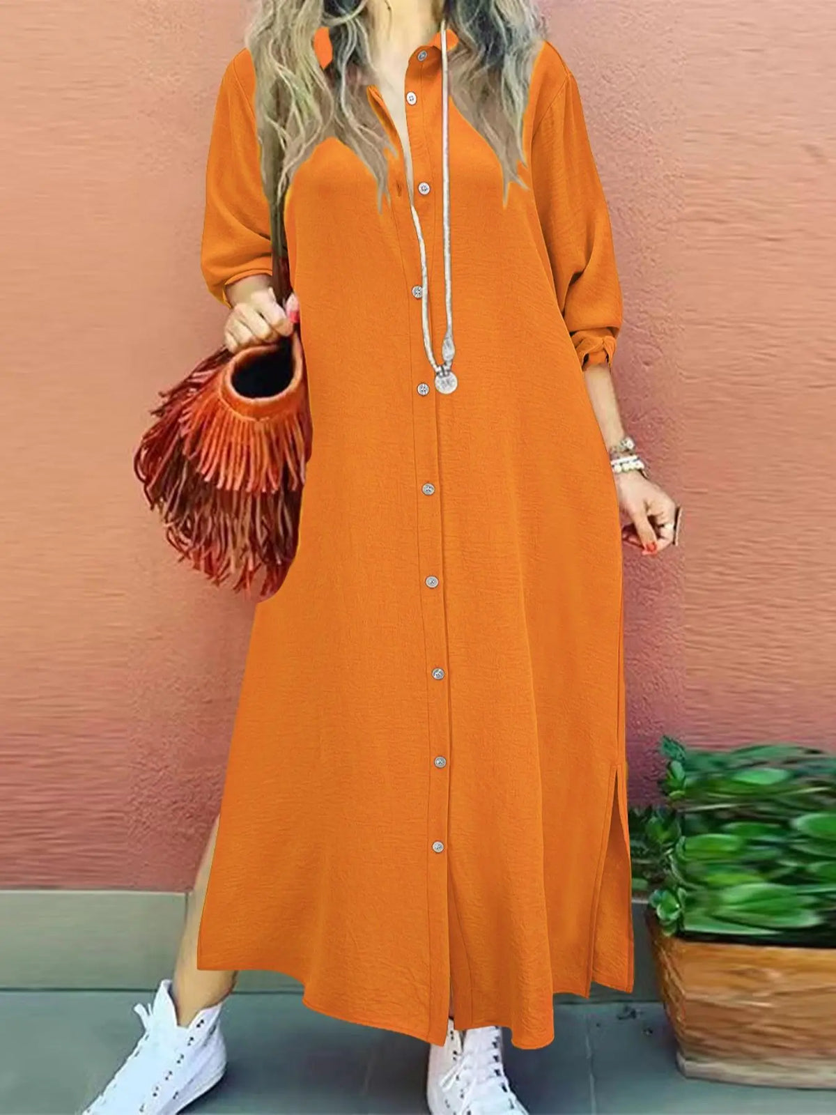 Women's Plain Button Collared Shirt Collar Long Sleeve Dress