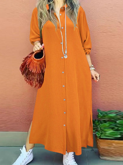 Women's Plain Button Collared Shirt Collar Long Sleeve Dress