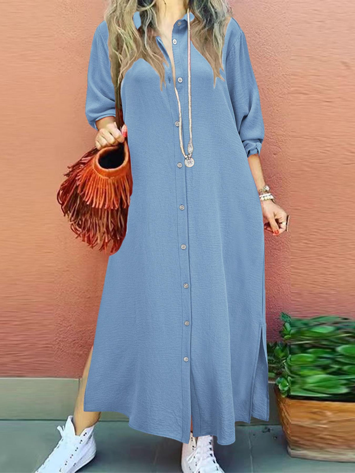 Women's Plain Button Collared Shirt Collar Long Sleeve Dress