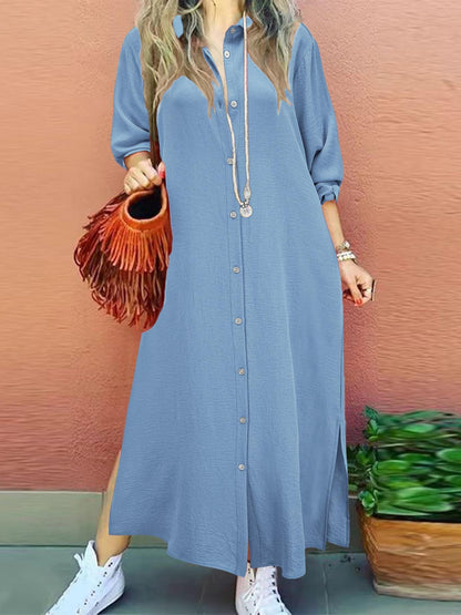 Women's Plain Button Collared Shirt Collar Long Sleeve Dress