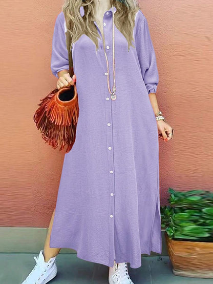 Women's Plain Button Collared Shirt Collar Long Sleeve Dress
