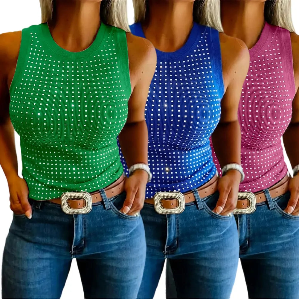Women's Rhinestone Decor Ribbed Tank Top