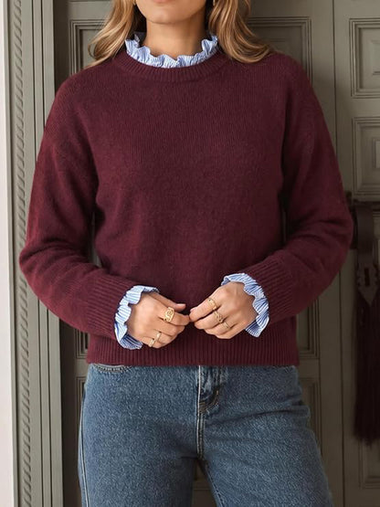 Women's long-sleeved ruffled round neck patchwork knitwear