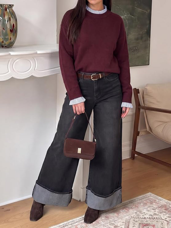Women's long-sleeved ruffled round neck patchwork knitwear