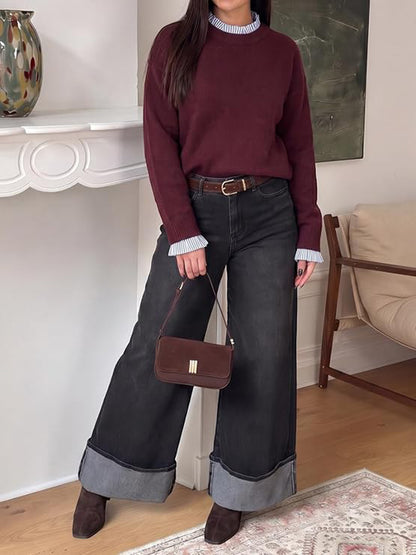 Women's long-sleeved ruffled round neck patchwork knitwear