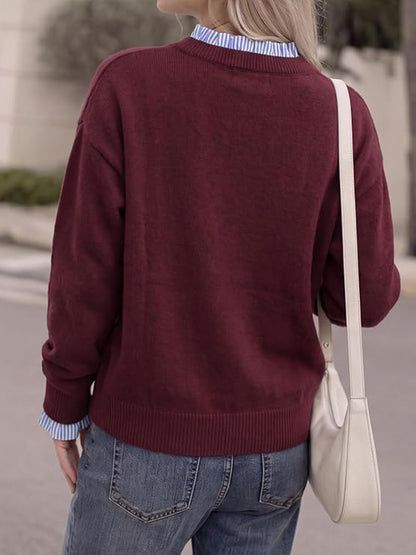 Women's long-sleeved ruffled round neck patchwork knitwear