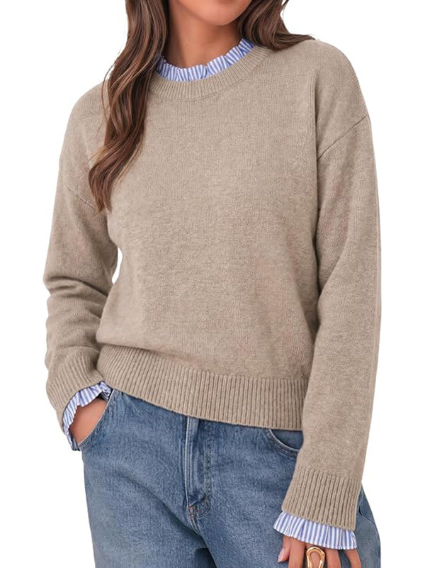 Women's long-sleeved ruffled round neck patchwork knitwear