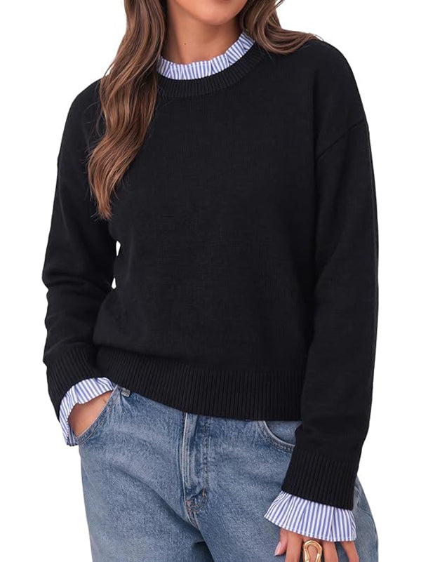 Women's long-sleeved ruffled round neck patchwork knitwear