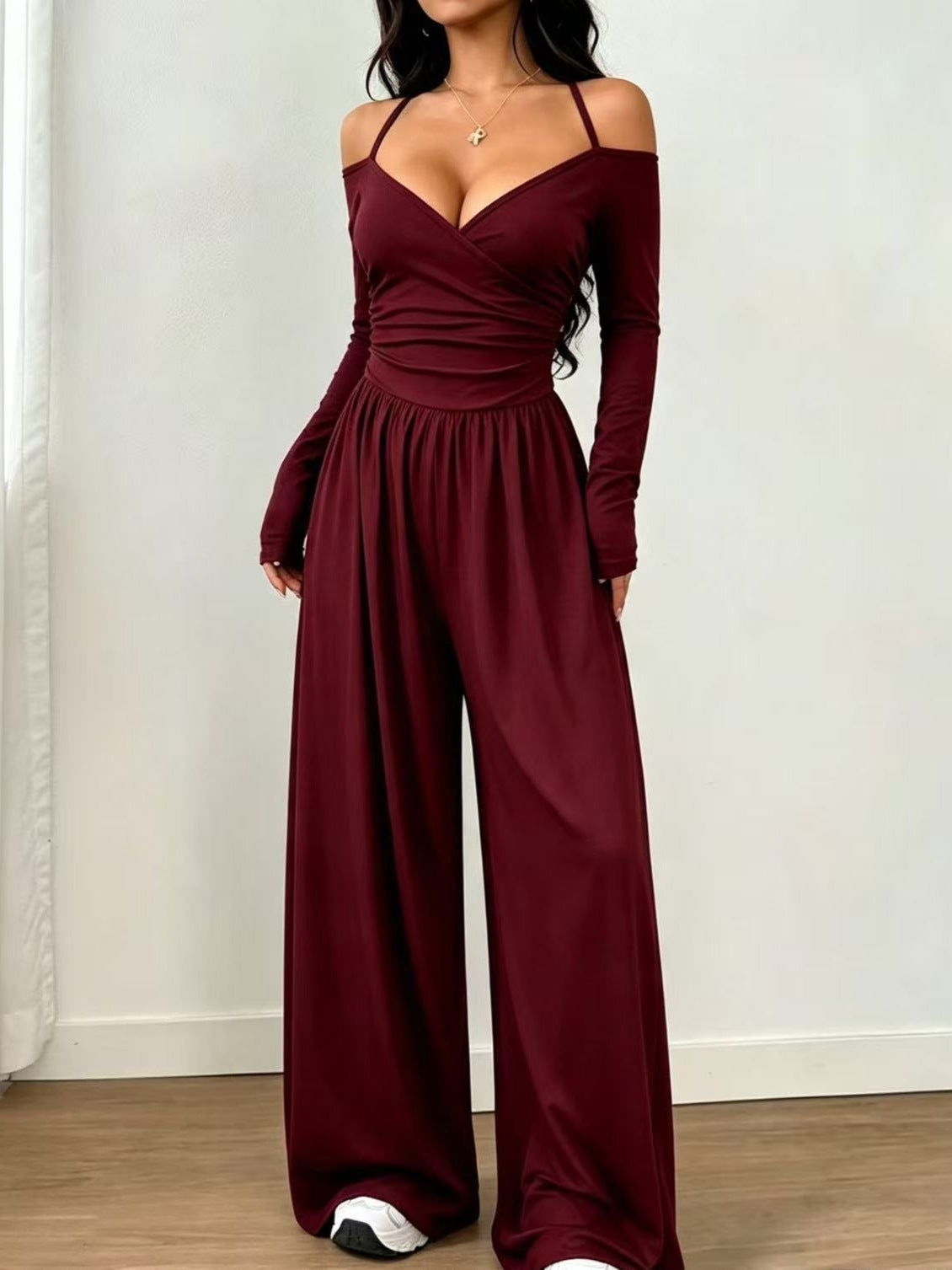 Women's Solid Color Knit Off-Shoulder Pleated Wide-Leg Jumpsuit
