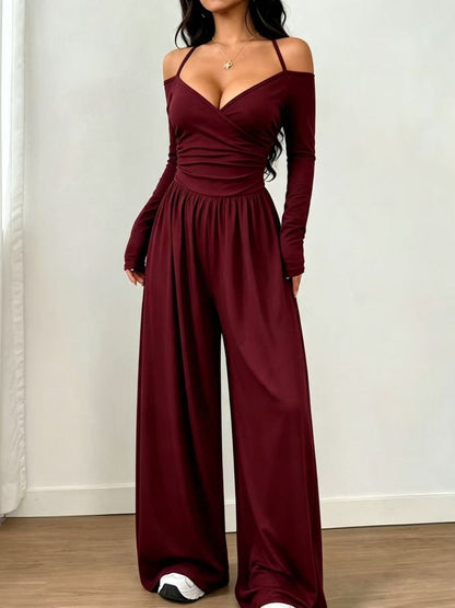 Women's Solid Color Knit Off-Shoulder Pleated Wide-Leg Jumpsuit