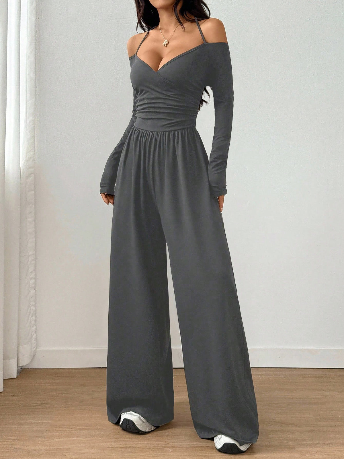 Women's Solid Color Knit Off-Shoulder Pleated Wide-Leg Jumpsuit
