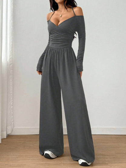 Women's Solid Color Knit Off-Shoulder Pleated Wide-Leg Jumpsuit