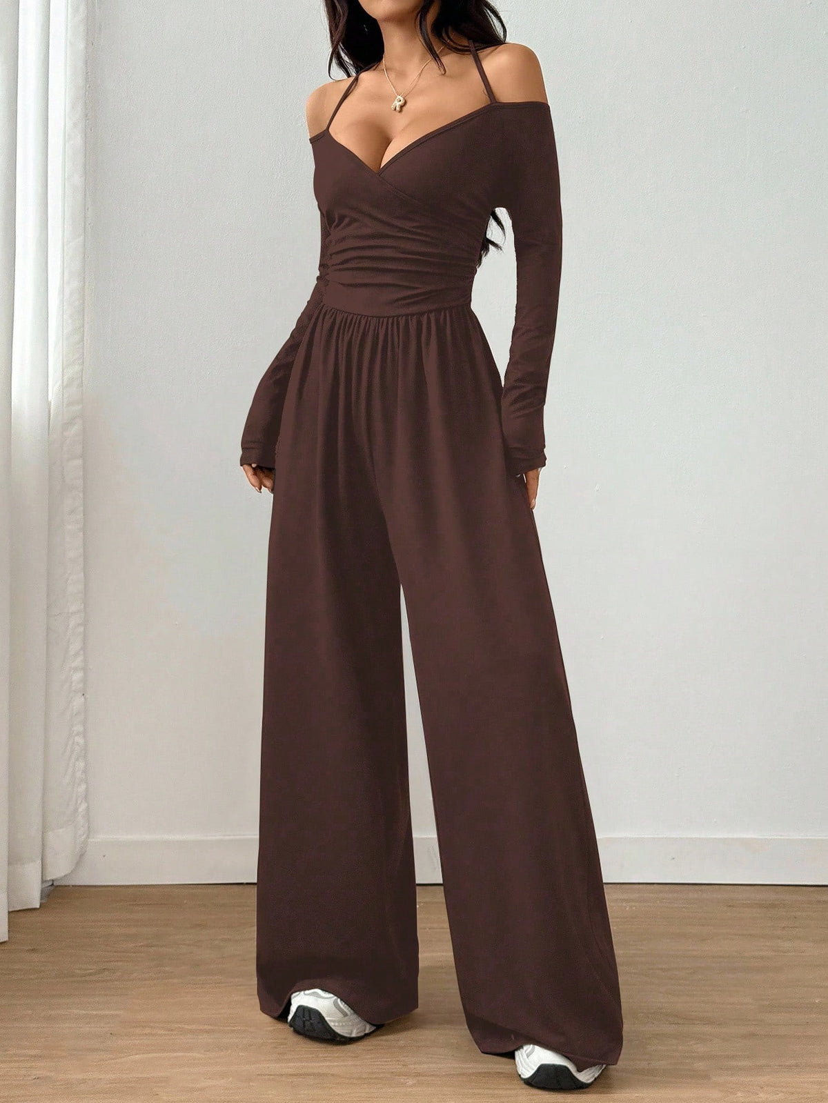 Women's Solid Color Knit Off-Shoulder Pleated Wide-Leg Jumpsuit